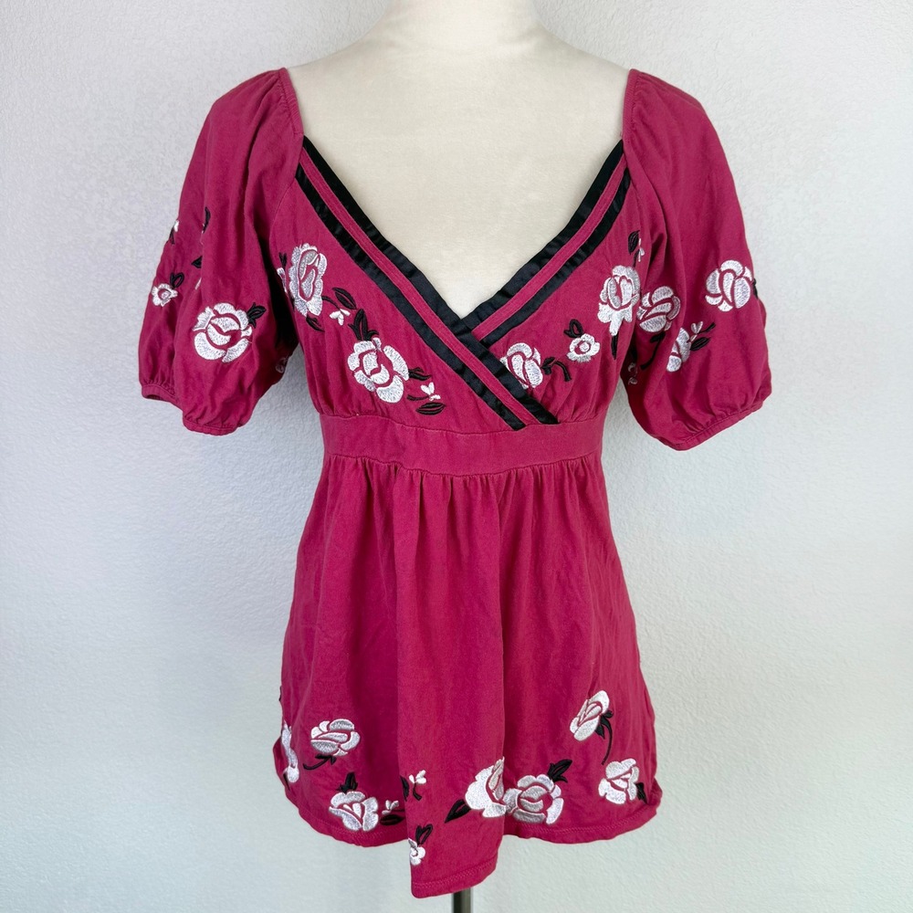 RXB Y2K Babydoll Red Rose Embroidered Boho Empire Waist Top Puff Sleeve Size Med
